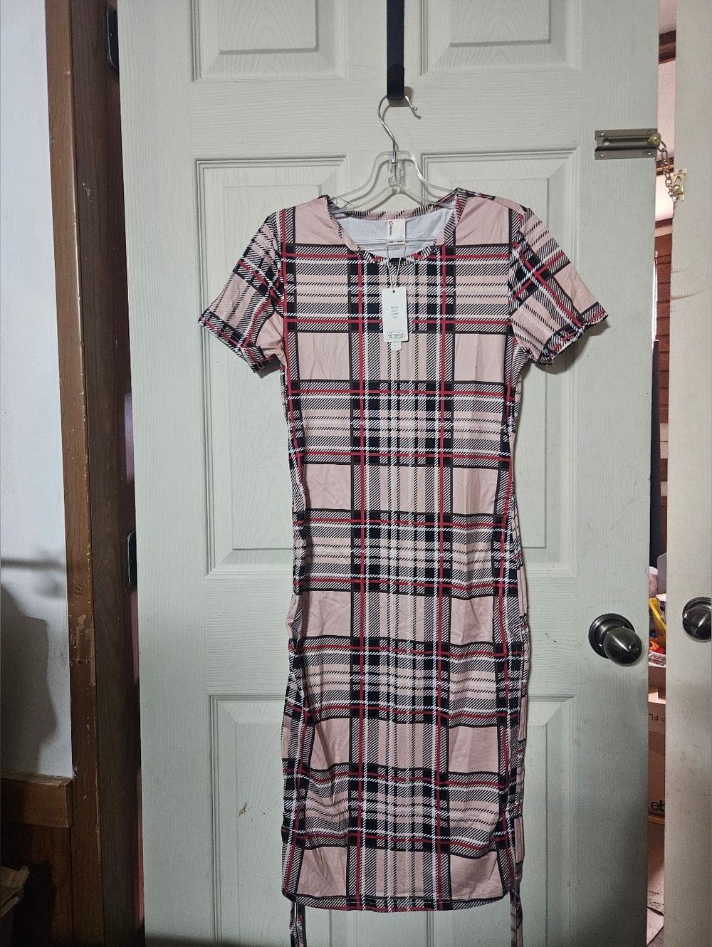 PatPat Short Sleeve Round Neck Midi Shirt Dress: KHAKI PLAID: NEW WITH TAGS: S